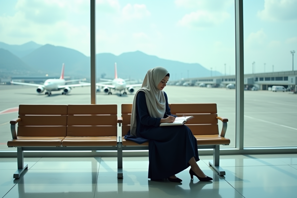 Femme musulmane écrivant dans un carnet à l