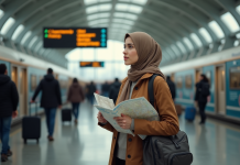 Femme voyage seule : les règles et permissions en Islam Jeune femme musulmane dans une gare avec valise et carte