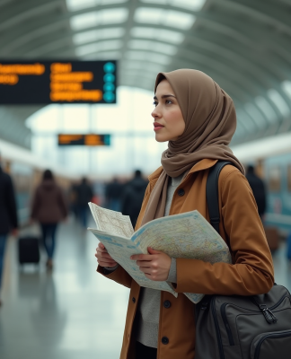 Jeune femme musulmane dans une gare avec valise et carte