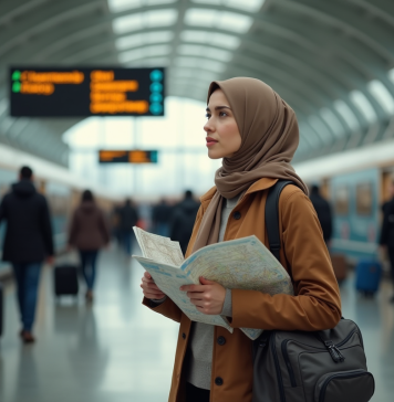 Femme voyage seule : les règles et permissions en Islam Jeune femme musulmane dans une gare avec valise et carte