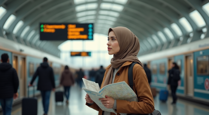 Jeune femme musulmane dans une gare avec valise et carte