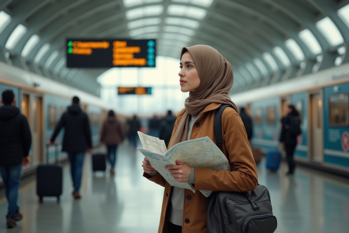 femme-musulmane-gare Jeune femme musulmane dans une gare avec valise et carte