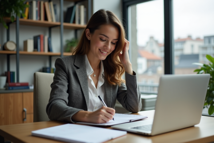 femme-organisation-bureau Jeune femme en tenue casual organise son planning