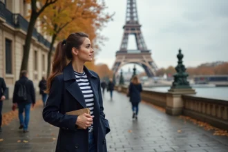Femme française en manteau marine près de la Tour Eiffel à Paris en automne
