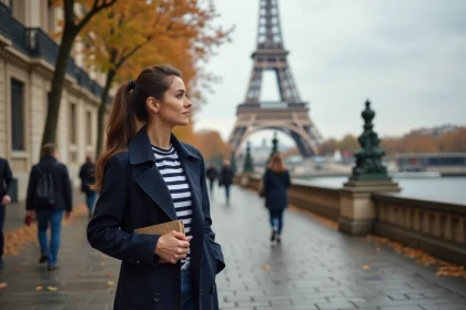 Femme française en manteau marine près de la Tour Eiffel à Paris en automne
