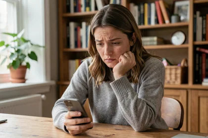 Femme pensive regardant son téléphone pour savoir si son partenaire l'aime, illustration article love coach en ligne