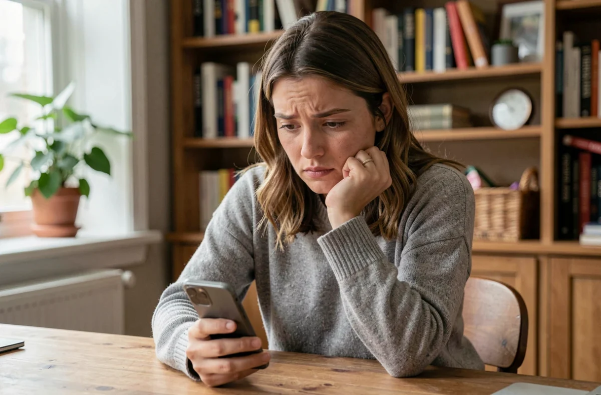 Femme pensive regardant son téléphone pour savoir si son partenaire l'aime, illustration article love coach en ligne