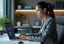 Cybersécurité : découvrez les cinq domaines essentiels à maîtriser ! Jeune femme en blazer gris travaillant sur un dashboard de cybersécurité