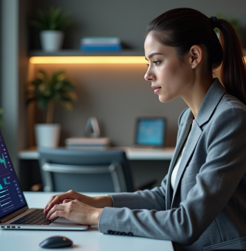 Cybersécurité : découvrez les cinq domaines essentiels à maîtriser ! Jeune femme en blazer gris travaillant sur un dashboard de cybersécurité