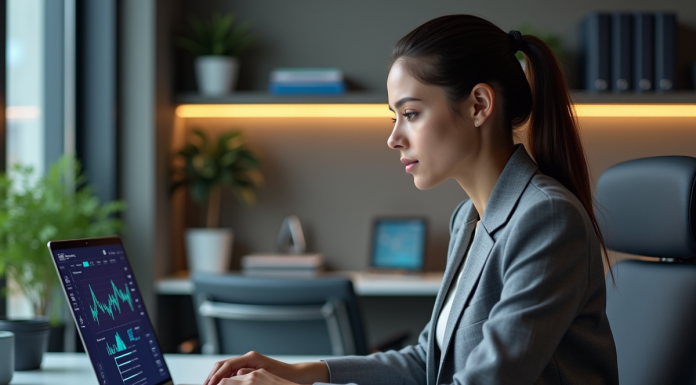 Jeune femme en blazer gris travaillant sur un dashboard de cybersécurité