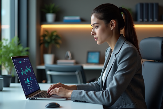 femme-professionnelle-cybersecurite Jeune femme en blazer gris travaillant sur un dashboard de cybersécurité