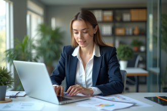 Jeune femme en bureau planifiant une stratégie marketing