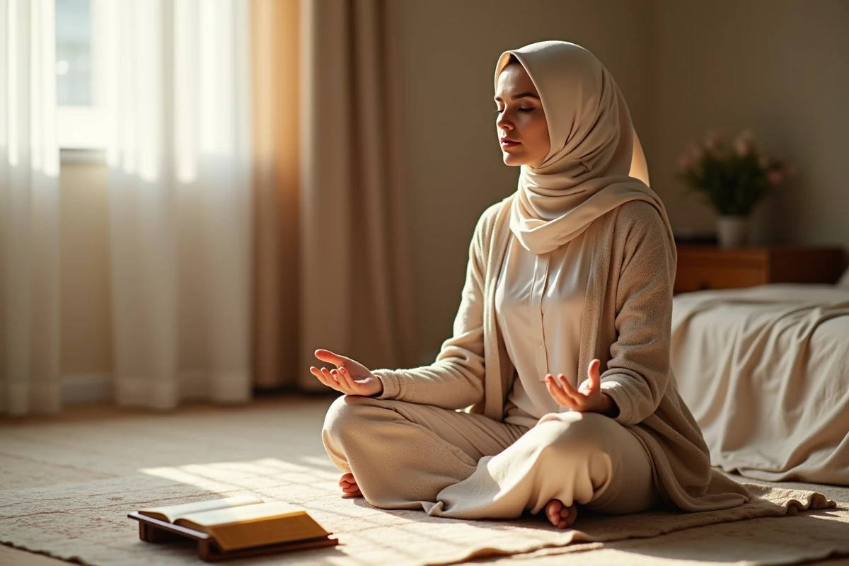 Femme musulmane récitant la dou'a istikhara sur un tapis de prière dans une chambre calme et lumineuse
