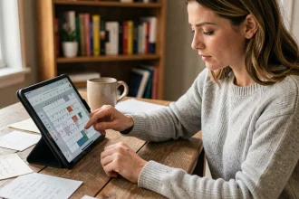 Femme adulte résolvant le mot de passe du jour CodyCross sur une tablette dans un bureau à domicile chaleureux