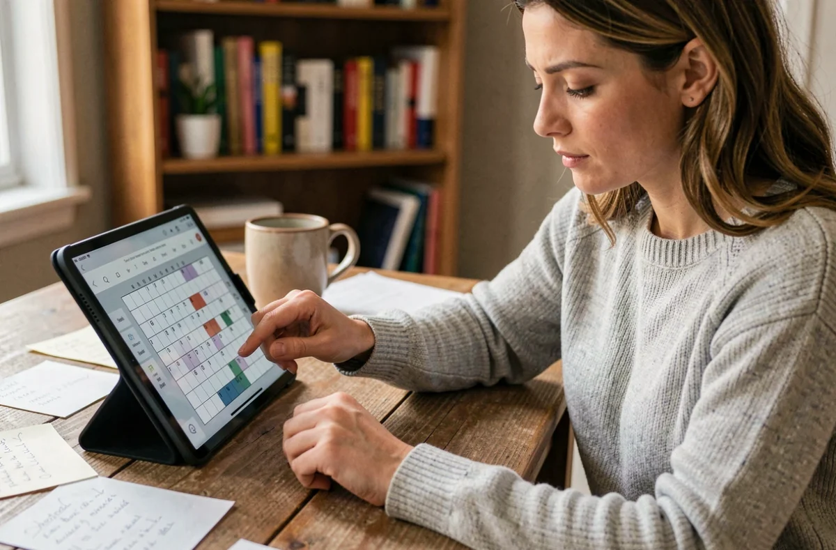 Femme adulte résolvant le mot de passe du jour CodyCross sur une tablette dans un bureau à domicile chaleureux