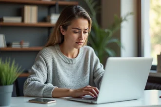 Femme contactant le service client AliExpress depuis son bureau à domicile via ordinateur portable et smartphone