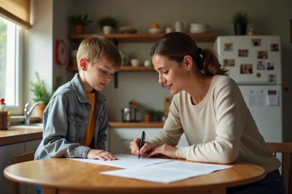 Femme signant une attestation avec son enfant dans la cuisine