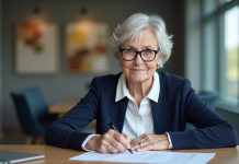 Femme âgée signant des documents de prêt immobilier