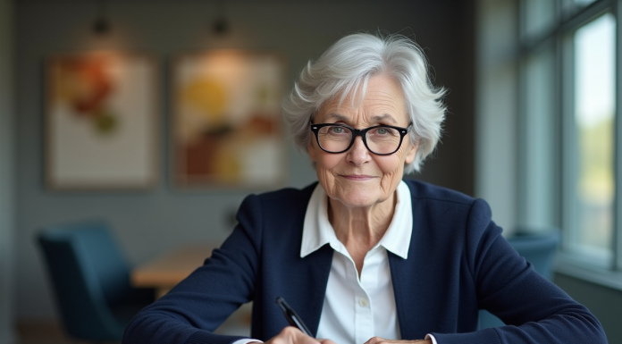Femme âgée signant des documents de prêt immobilier