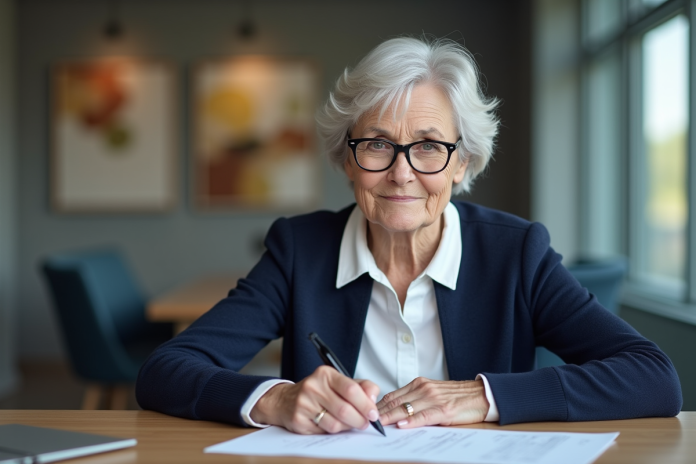 Femme âgée signant des documents de prêt immobilier