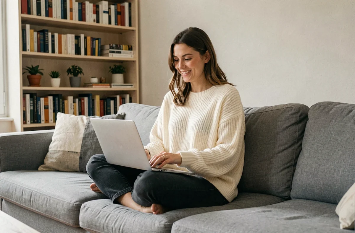 Jeune femme utilisant un site de rencontre gratuit sur son ordinateur portable dans un appartement parisien