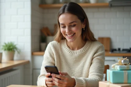 Femme souriante avec smartphone dans la cuisine chaleureuse