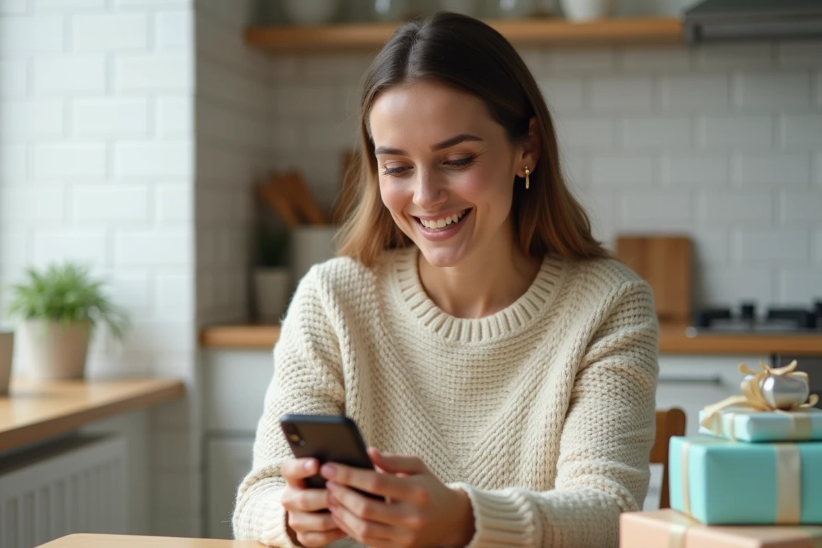 Femme souriante avec smartphone dans la cuisine chaleureuse