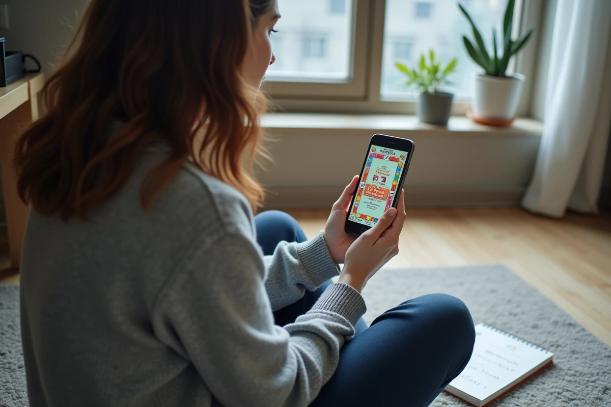 Femme consultant une stratégie Monopoly Go sur smartphone avec des notes manuscrites pour optimiser les dés gratuits