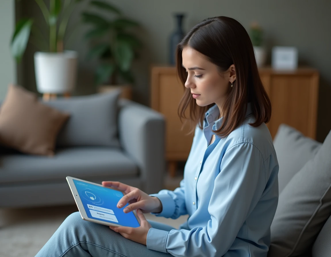 Femme utilisant une application VPN sur tablette pour contourner le blocage d'un site web