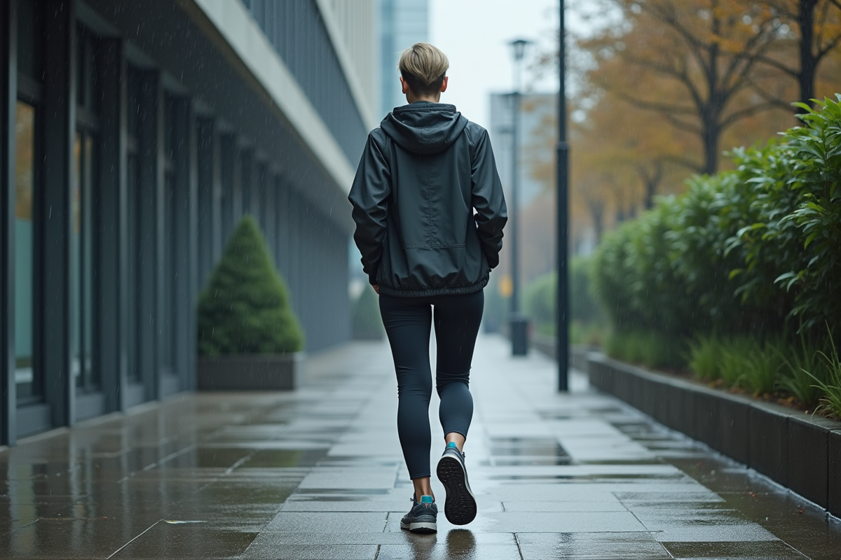Femme en techwear marchant sous la pluie dans une ruelle urbaine