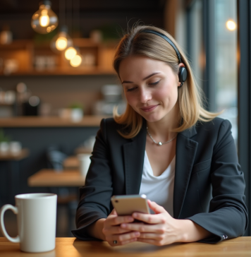 Application qui traduit la voix en temps réel : mes conseils et recommandations Femme parlant dans une application de traduction au café