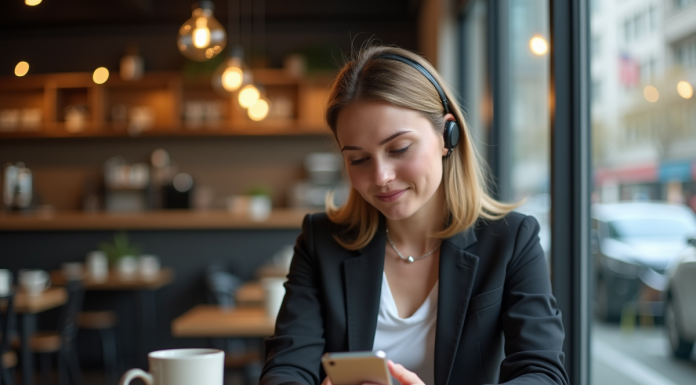 Femme parlant dans une application de traduction au café