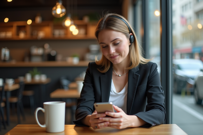 femme-traduction-app-cafe Femme parlant dans une application de traduction au café