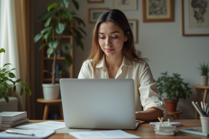 Femme concentrée travaillant sur son ordinateur dans un espace cosy