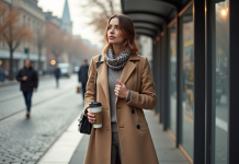 Conseils de style pour adapter sa tenue du matin au soir selon la météo : froid le matin, chaud l’après-midi ! Femme en trench beige au matin en ville