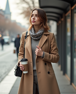 Femme en trench beige au matin en ville