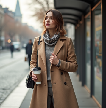 Conseils de style pour adapter sa tenue du matin au soir selon la météo : froid le matin, chaud l’après-midi ! Femme en trench beige au matin en ville