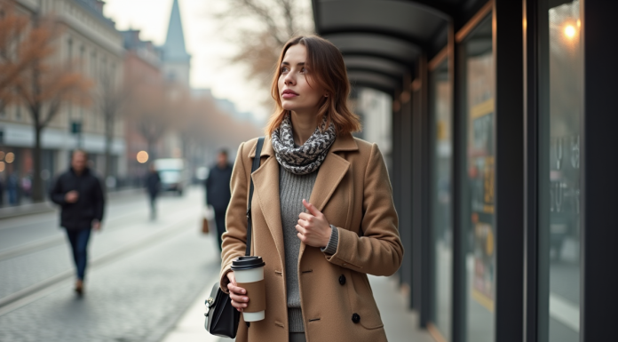 Femme en trench beige au matin en ville