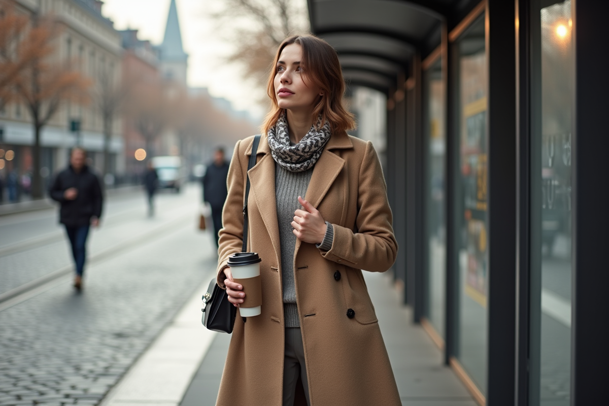 Femme en trench beige au matin en ville