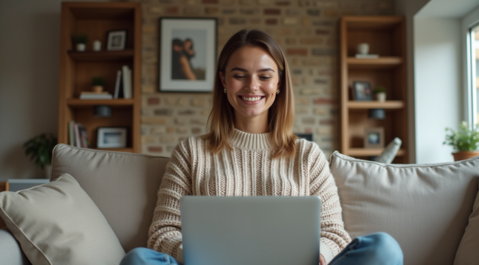 Femme souriante en vidéo appel sur ordinateur portable