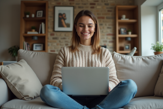 Femme souriante en vidéo appel sur ordinateur portable