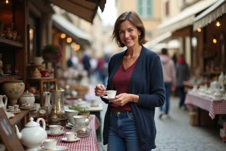 Femme souriante examinant une tasse vintage au marché aux puces