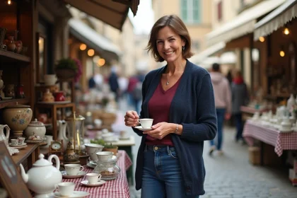 Femme souriante examinant une tasse vintage au marché aux puces