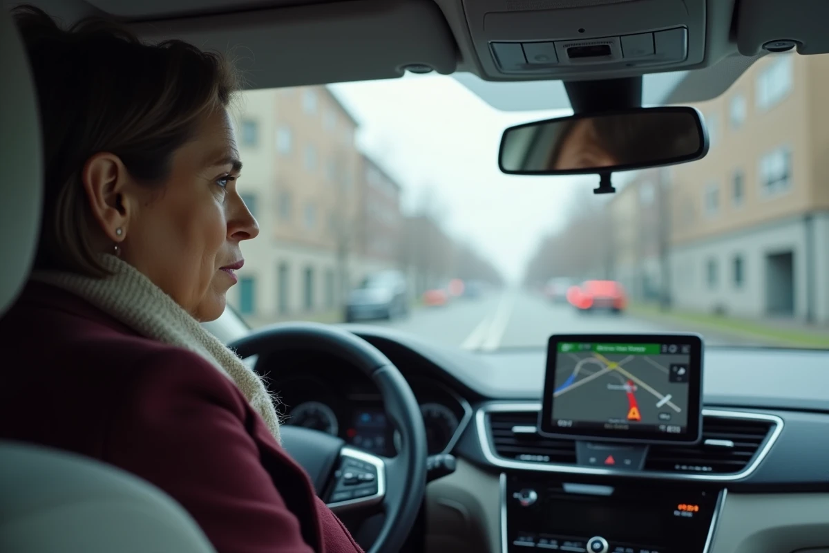 Femme dans une voiture consultant un GPS embarqué affichant l'acquisition de signal satellite, illustrant les systèmes de navigation GNSS modernes