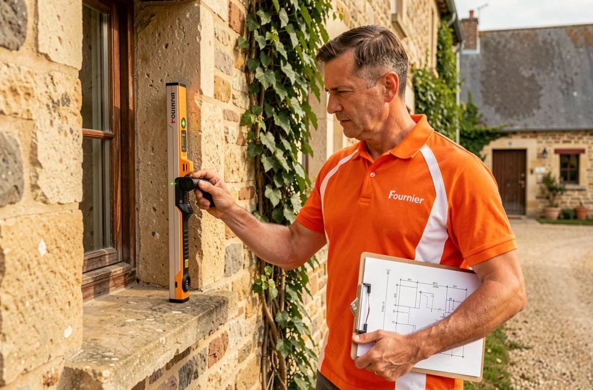 Technicien de Fenêtres Fournier mesurant une ouverture de fenêtre sur une maison en pierre dans les Yvelines