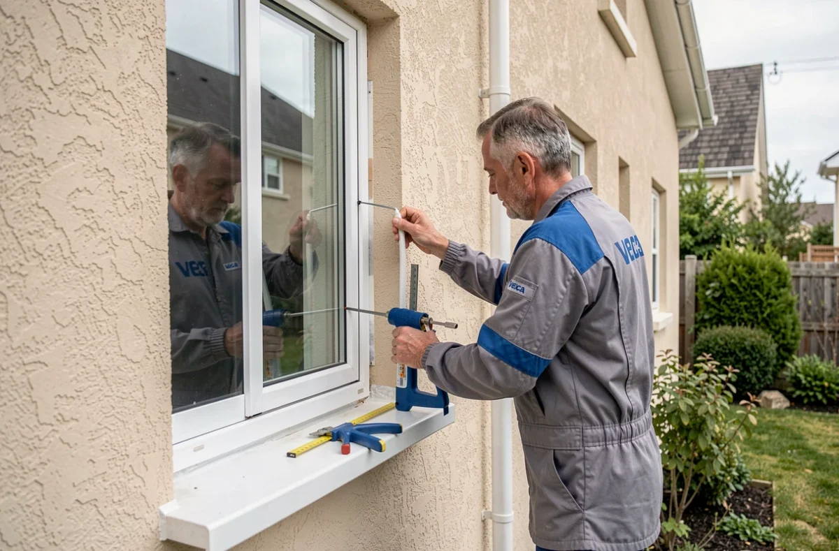 Technicien de Fenetrier Veka LM Fermetures installant une fenêtre PVC blanche sur une maison individuelle