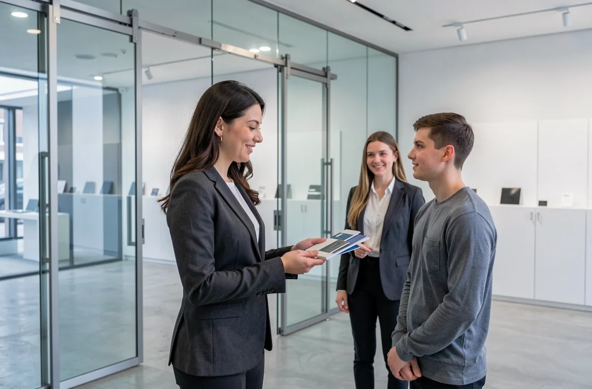 Consultant de La Fermeture Contemporaine présentant des portes coulissantes en verre dans un showroom moderne