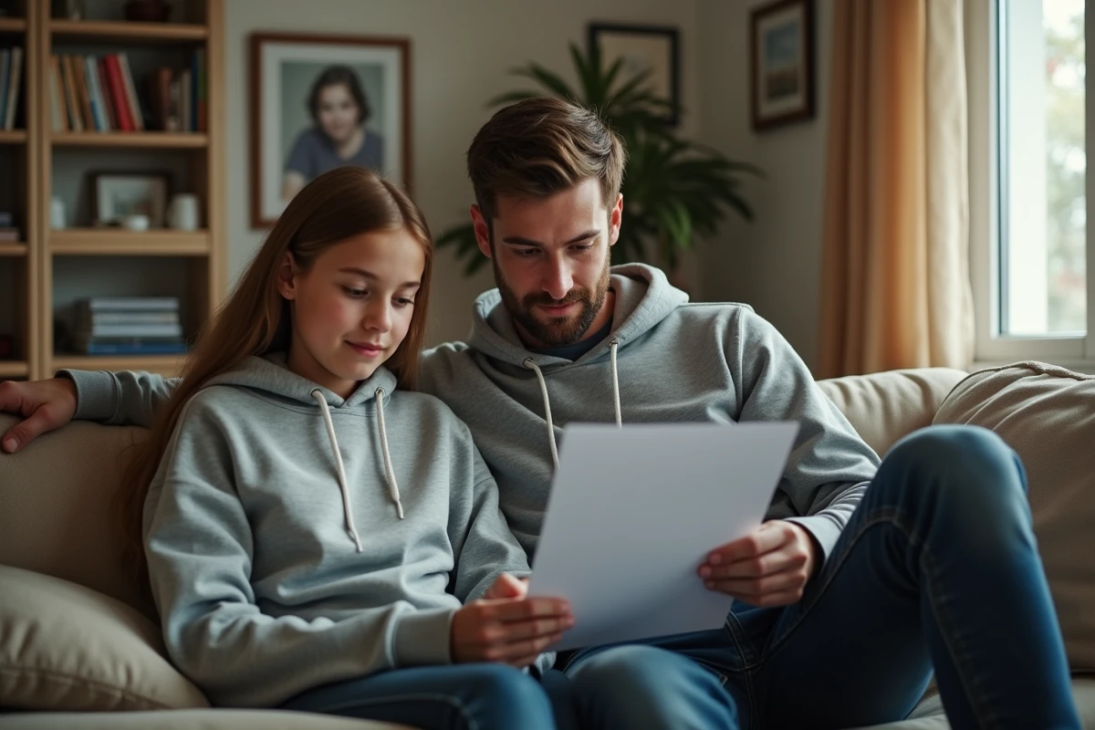 Fille adolescente lisant une lettre avec son p&egrave;re dans le salon