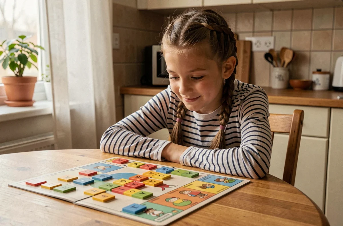 Une fillette concentrée jouant seule à un jeu de mots sémantique sur une table en bois à la maison
