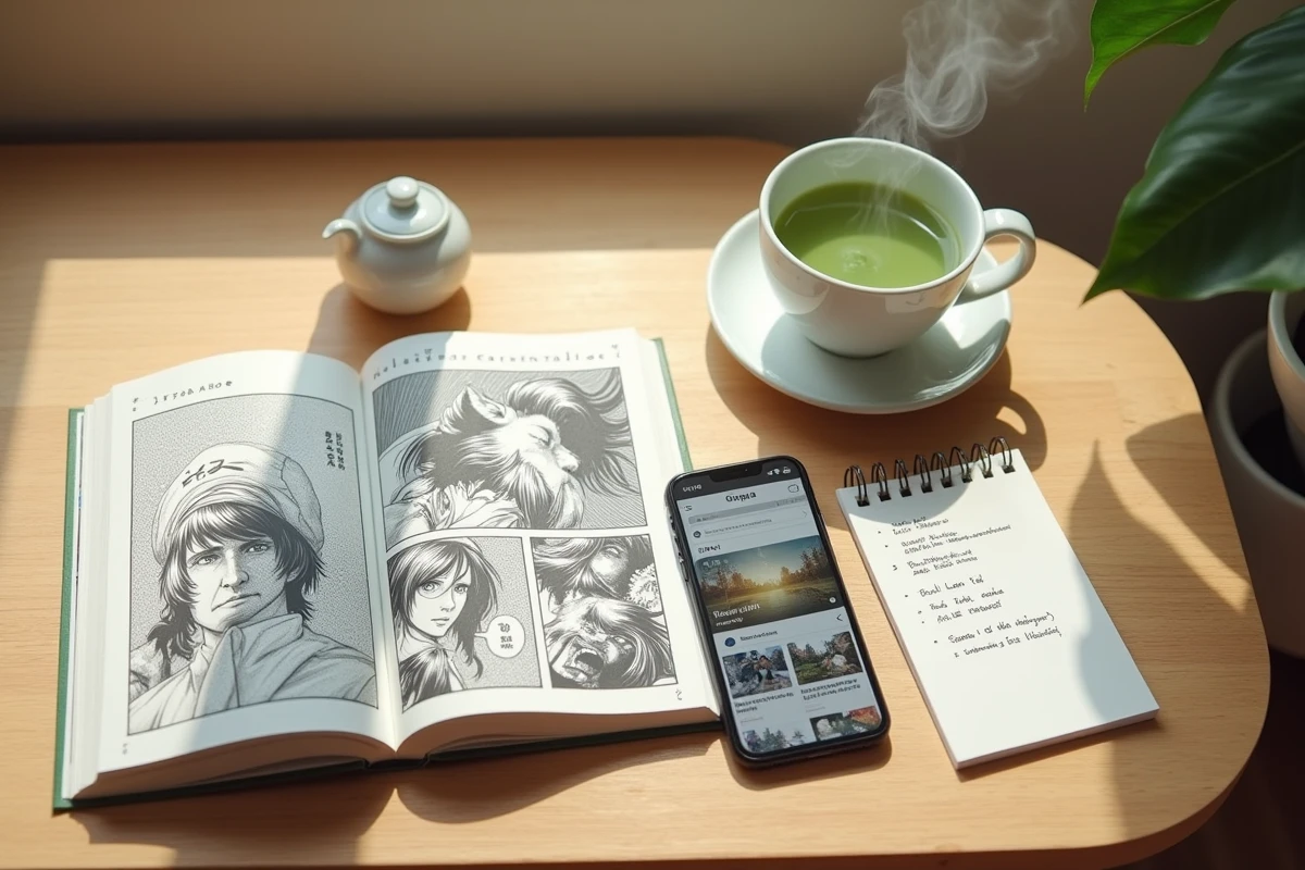 Flat-lay d'un manga ouvert avec un smartphone affichant un site de scan et une tasse de thé sur une table en bois